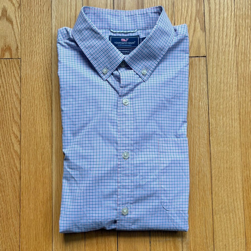 Vineyard Vines Men’s Long Sleeve Performance Shirt Slim Large White Blue Pink